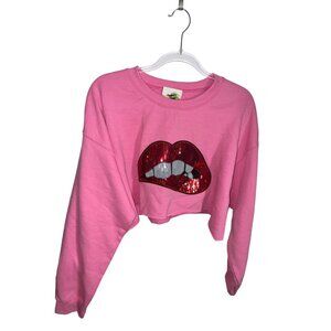Sequin Lips Pink Cropped Sweatshirt Custom Made Size Large Y2K Sexy‎
